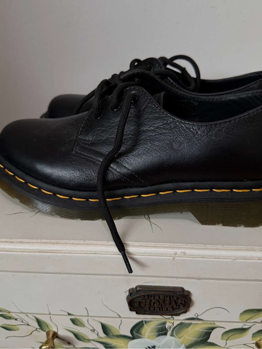 Dr. Martens Black Leather Oxfords with Yellow Stitching